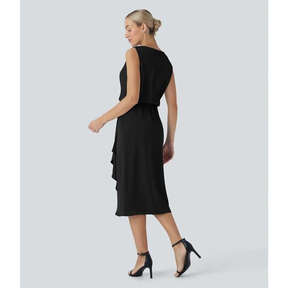 Halara Midi Dress Medium Cowl Neck Sleeveless Crossover Wrinkle Resistant Black - Picture 3 of 12